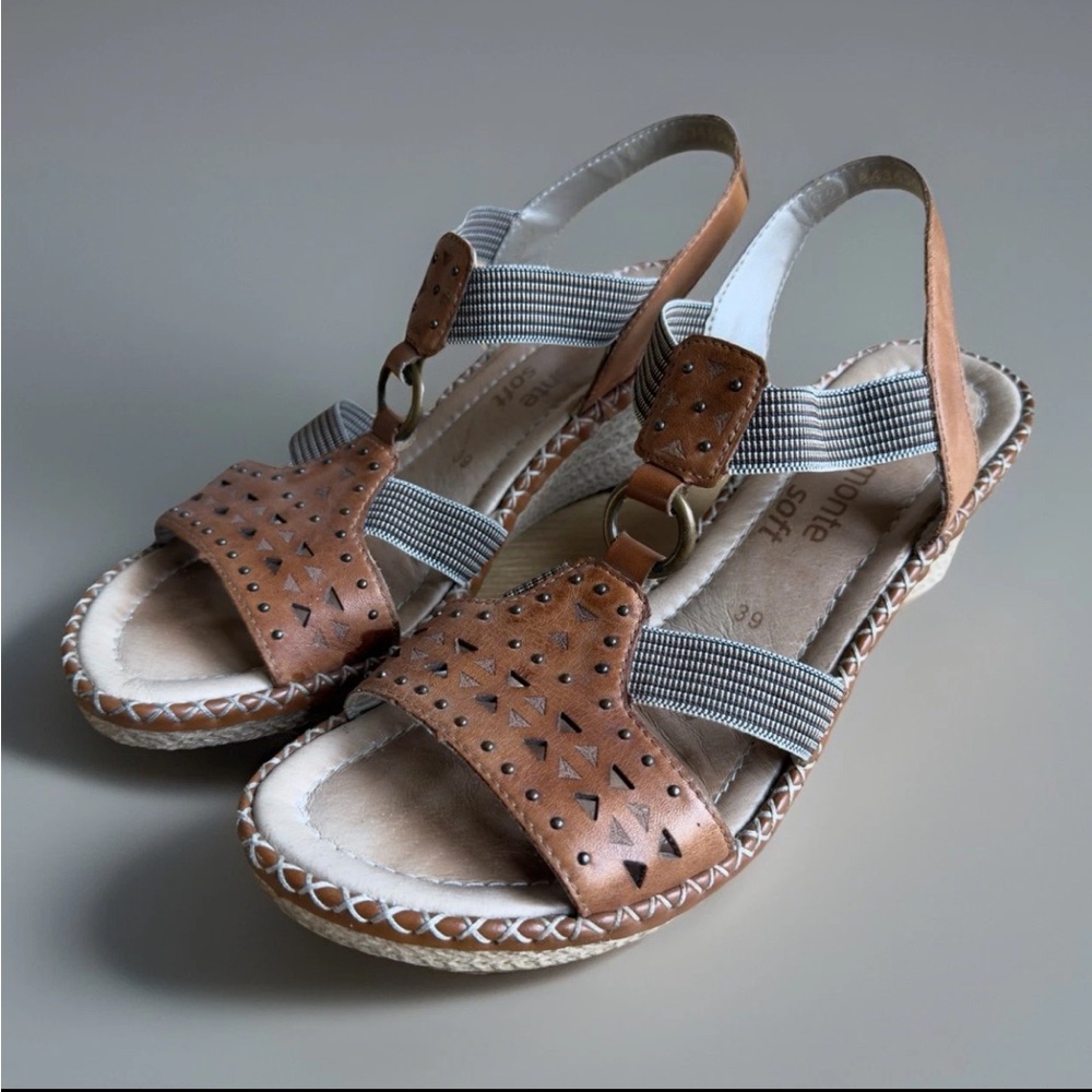 Remonte Soft Boho Wedge Leather Sandals Size 8 Laser Cut Design Comfort Strap
